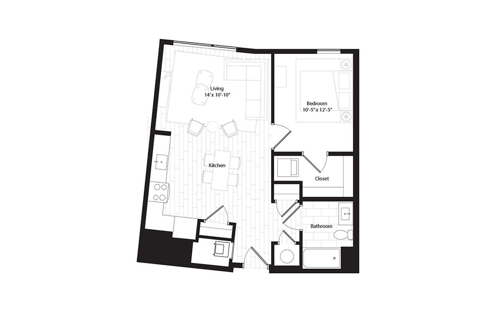 A2 1 Bedroom 1 Bath Floorplan