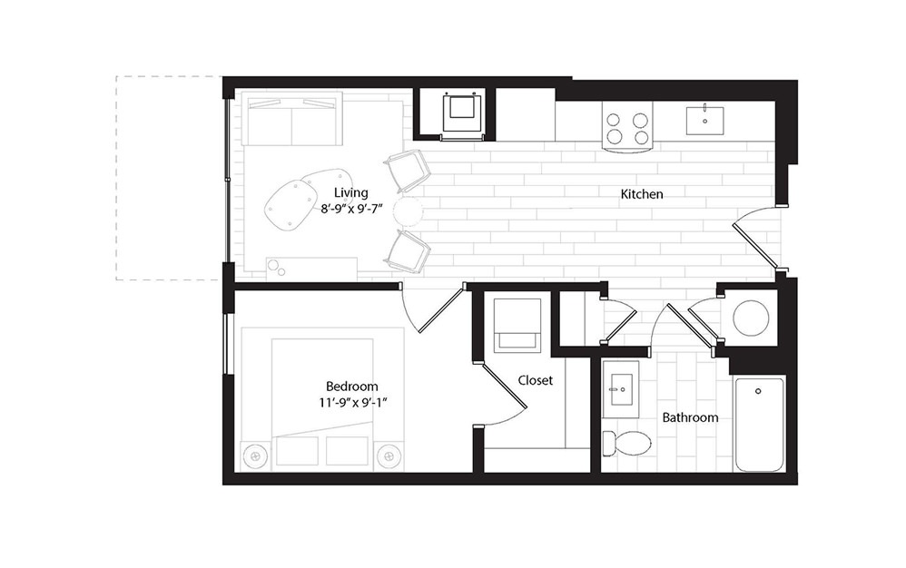 A4 1 Bedroom 1 Bath Floorplan