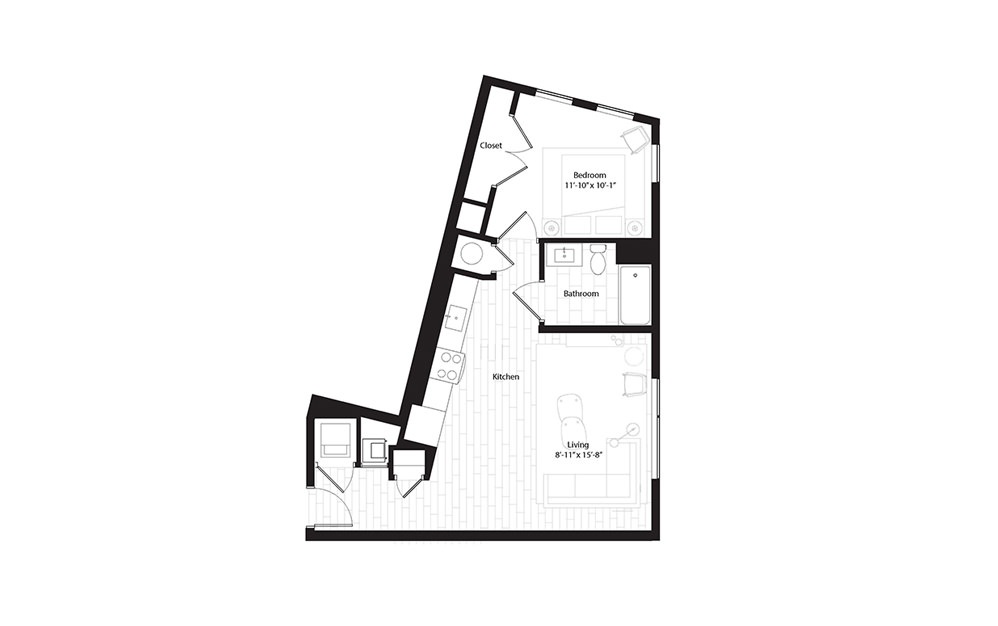 A9 1 Bedroom 1 Bath Floorplan