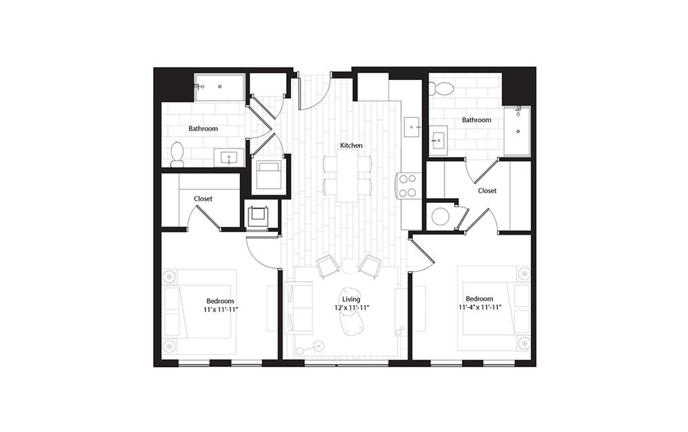 B11 (Group 2A) 2 Bedroom 2 Bath Floorplan