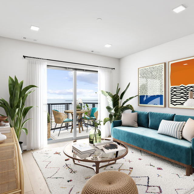 Ryder Revere Beach - Living Room With Blue Sofa