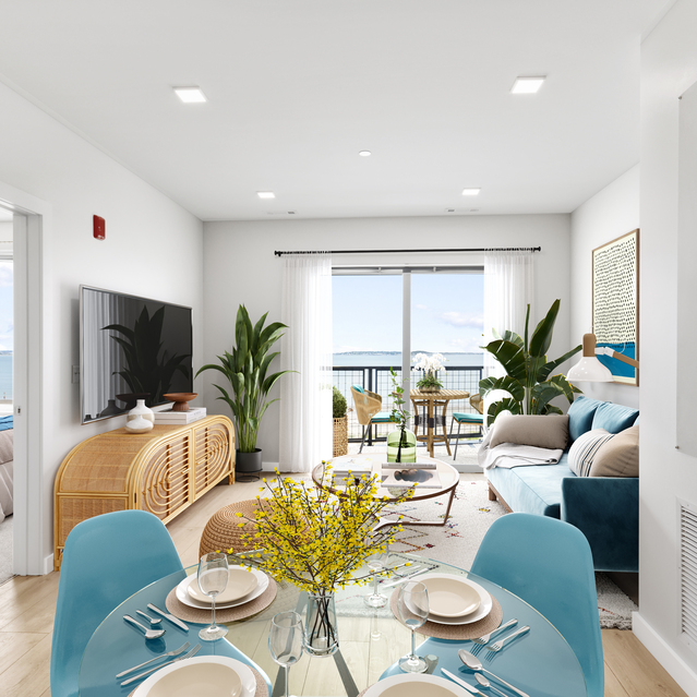 Ryder Revere Beach - Open Living And Dining Area With Blue Chairs
